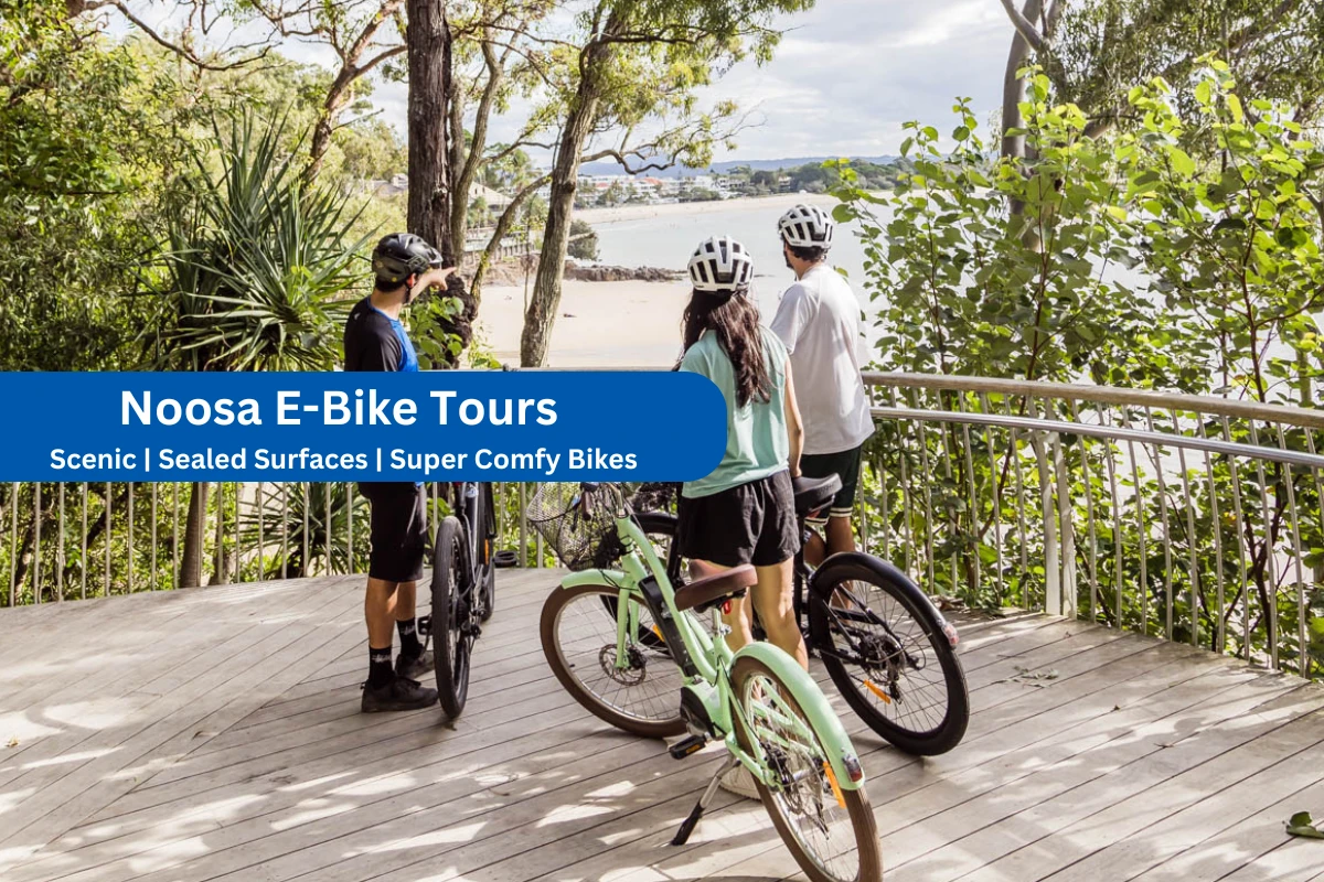 Couple on rental bikes with cycling tour guide showing them Noosa main beach from a lookout